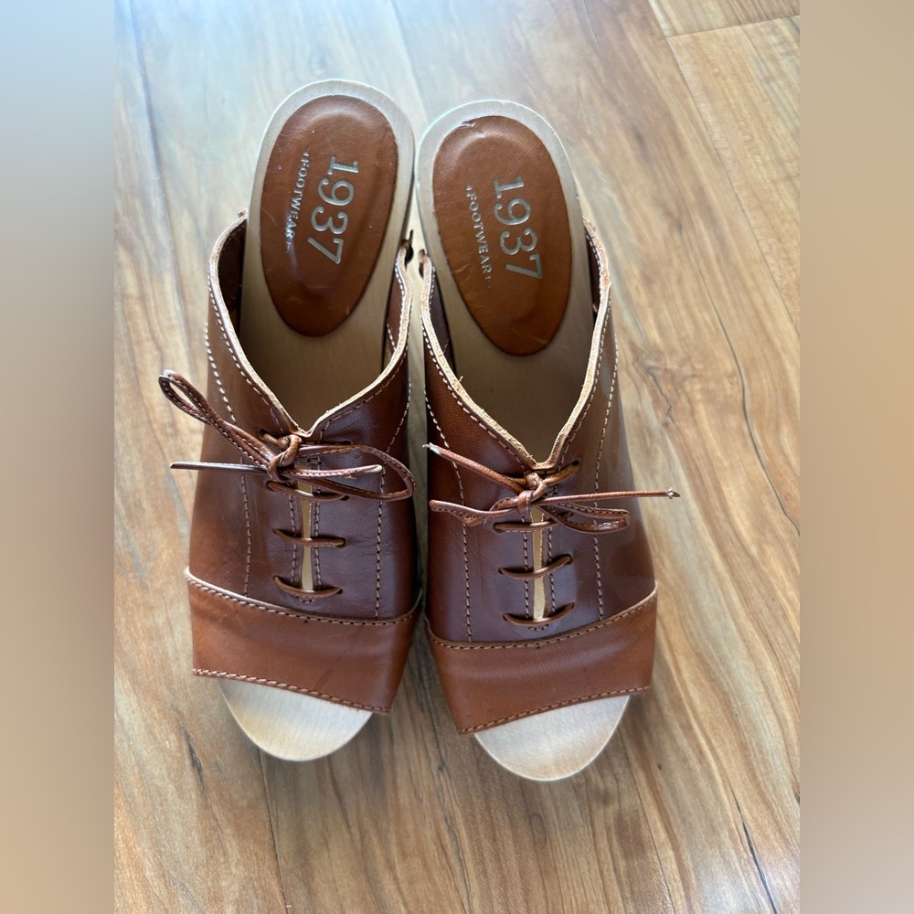 1937 Brown Leather Mules with Wooden Platform